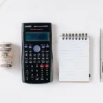 composition of calculator with paper money and notebook with pen