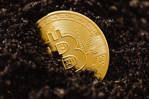 Golden Bitcoin partially buried in dark soil, signifying investment growth.